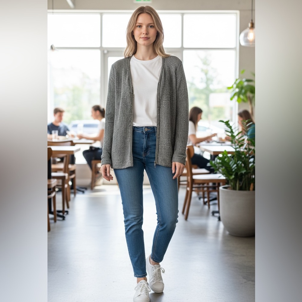 Charter Club Cardigan Silver Metallic Gray Knit Collegiate Retro‎ Staple PS